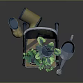 Green Plants in Decorative Flower Pots on Metal Folding Chair with Watering Can