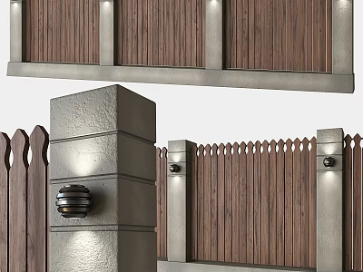 Wooden Building Exterior Wall With Stone Columns And Picket Fence Lighting 3d model