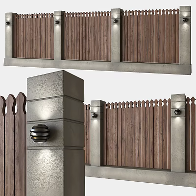 Wooden Building Exterior Wall With Stone Columns And Picket Fence Lighting 3d model
