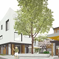 Traditional Modern Architecture Pedestrian Commercial Street With People Shops Water Feature And Evening Lanterns