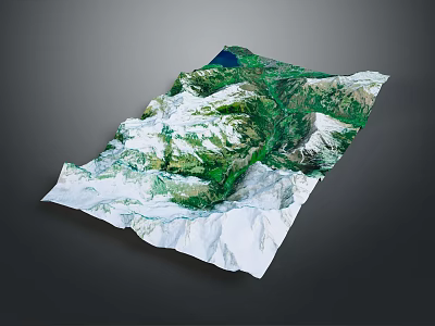 3D Terrain Model with Snow Covered Peaks Green Valleys and Blue Lake Detailed Topographic Relief 3d model