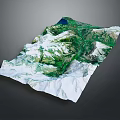 3D Terrain Model with Snow Covered Peaks Green Valleys and Blue Lake Detailed Topographic Relief