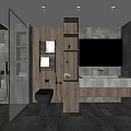 Modern Bathroom Interior With Wooden Cabinets Stone Walls Double Sink And Glass Shower