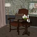 Brown Leather Armchair With Floor Lamp Small Side Table And Wall Painting On Floral Wallpaper