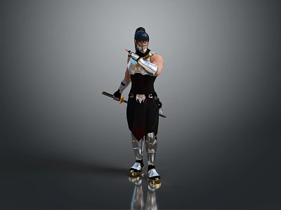 Game Movie Warrior Character In Black White Outfit Holding Sword Standing With Armor Details 3d model