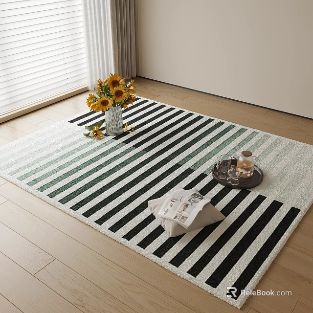 Square Black and White Striped Rug with Sunflower Vase Tray and Magazine on Wooden Floor 3d model 