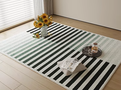 Square Black and White Striped Rug with Sunflower Vase Tray and Magazine on Wooden Floor 3d model