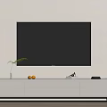 Modern White TV Stand with Drawers Cabinets Plant Oranges Books and LED Strip Wall