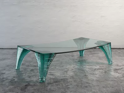 Modern Curved Glass Coffee Table With Unique Layered Legs On Grey Floor 3d model