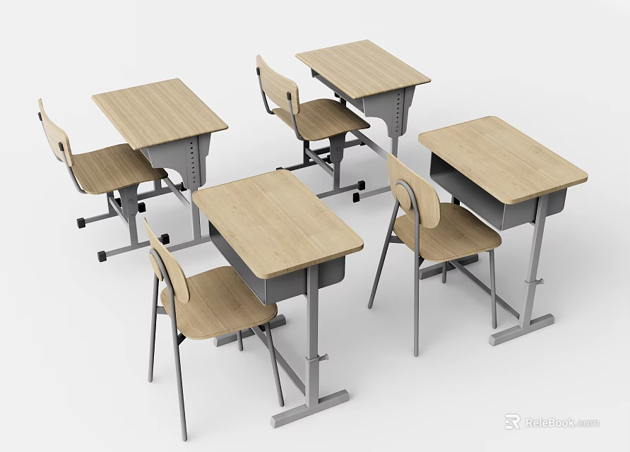 Modern Multiple Desks With Wooden Tops And Metal Frames And Matching Chairs 3d model 