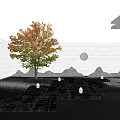 Modern Garden Landscape With Autumn Tree Water Reflection Mountain Pattern And Circular Window