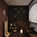 Traditional Chinese Living Room Interior With Wooden Structure Lanterns Screens Carpets And Furniture
