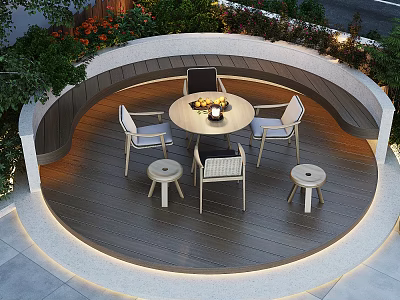 Garden Landscape Outdoor Circular Wooden Deck with Round Table Chairs Green Plants and Lighting 3d model