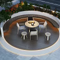 Garden Landscape Outdoor Circular Wooden Deck with Round Table Chairs Green Plants and Lighting