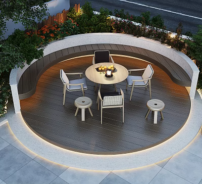 Garden Landscape Outdoor Circular Wooden Deck with Round Table Chairs Green Plants and Lighting 3d model