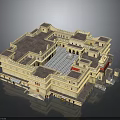 Traditional Square Architecture With Central Courtyard Multi Level Structure And Geometric Floor Pattern