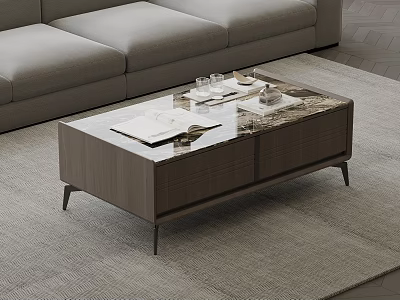 Modern Wooden Coffee Table With Glass Top And Decorative Books Glasses On Living Room Rug 3d model