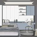 Tatami Bedroom Double Bedside Table Wardrobe Bed Backrest Chandelier Table Lamp 3d model