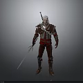 White Haired Man In Red And Black Armor Holding Sword Against Gray Background