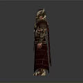 Woman Dressed In Mythical Warrior Armor With Horned Helmet Red Robe And Gold Accents
