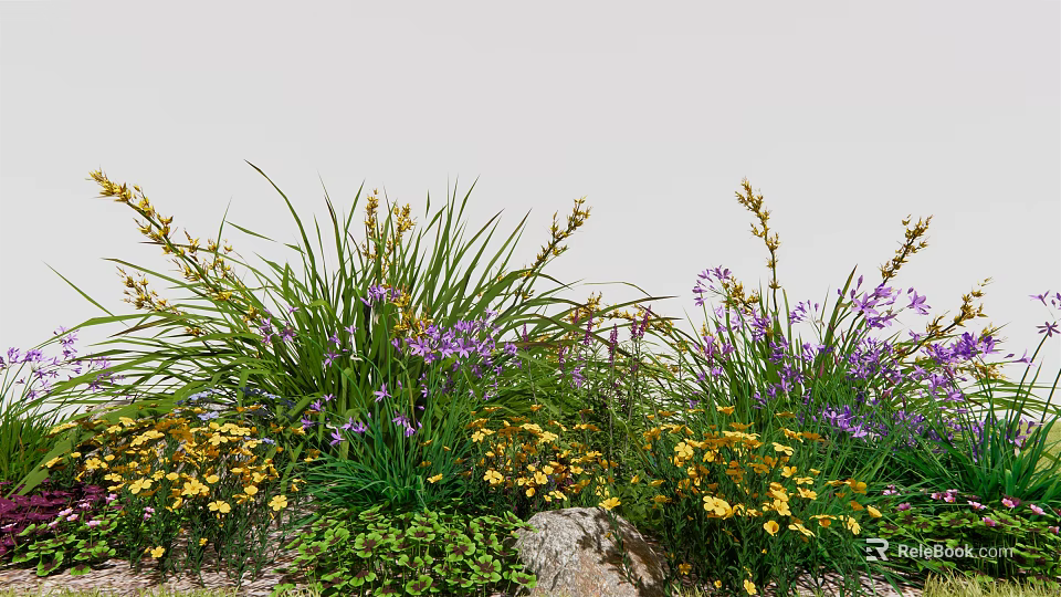 Vibrant Flowers And Grasses In Garden With Yellow Purple Blooms And Stone Accents 3d model 