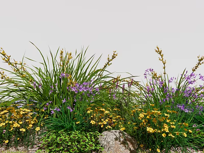 Vibrant Flowers And Grasses In Garden With Yellow Purple Blooms And Stone Accents 3d model