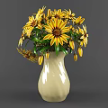 Elegant White Ceramic Vase With Yellow Flowers Brown Centers And Green Leaves