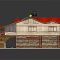 Cartoon Style Two Story House Scene With Red Roof Wooden Balcony And Staircase