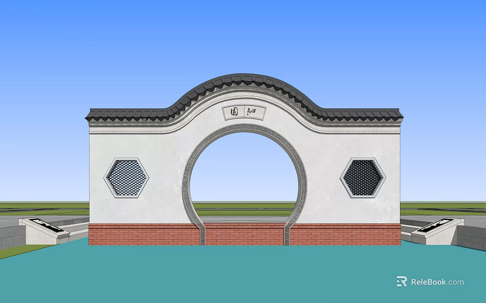 Chinese Garden Wall With Circular Archway Black Tiled Roof And Hexagonal Lattice Windows 3d model 