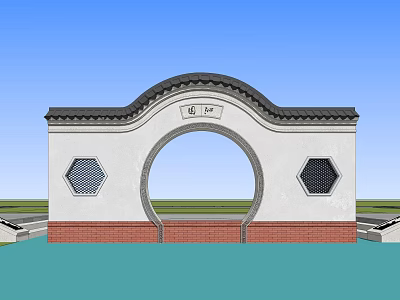 Chinese Garden Wall With Circular Archway Black Tiled Roof And Hexagonal Lattice Windows 3d model