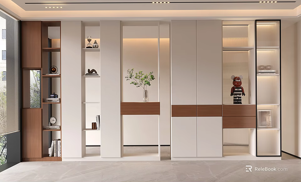 Modern Shoe Cabinet Design With Wood And White Finish Display Shelves And Storage Space 3d model 
