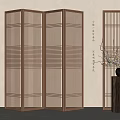 Chinese Style Wooden Screen Partition With Hanging Lantern Calligraphy Vase And Branches