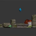 Ancient Stone Scene Components With Circular Platform Pillars Red Flowers Blue Gem And Green Plants
