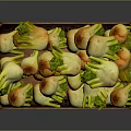 Fresh Vegetables In Wooden Crate With Green Leaves And Bulbous Shapes
