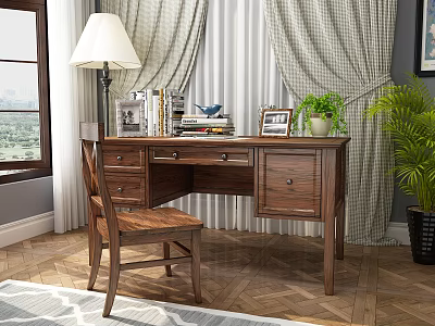 Cozy Wooden Desk Setup With Table Lamp Books Photo Frame Potted Plant And Wooden Chair 3d model