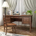 Cozy Wooden Desk Setup With Table Lamp Books Photo Frame Potted Plant And Wooden Chair