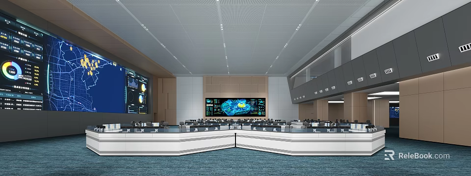 Modern Control Room Interior With Multiple Screens Control Workstations And Data Displays 3d model
