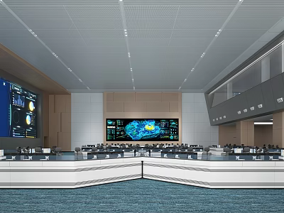 Modern Control Room Interior With Multiple Screens Control Workstations And Data Displays 3d model