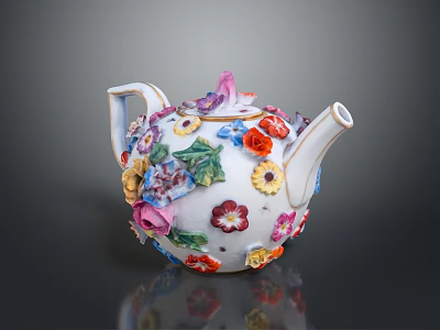 Decorative Porcelain Teapot With Colorful Flowers Vibrant Petals And Green Leaves 3d model