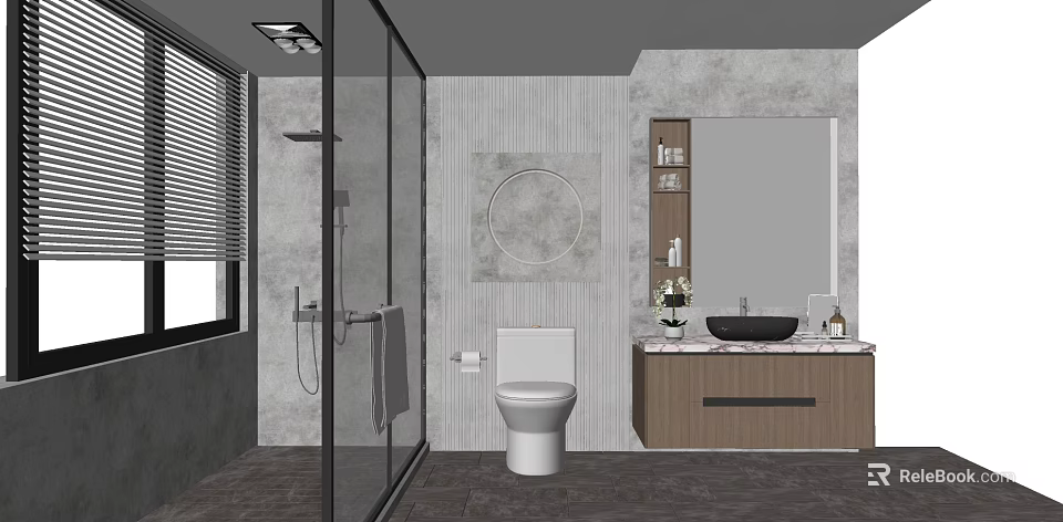 Modern Bathroom Washbasin With Wooden Cabinet Round Mirror And Gray Textured Walls 3d model 