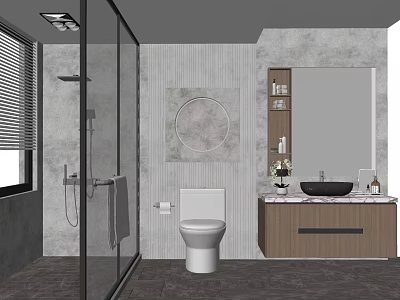 Modern Bathroom Washbasin With Wooden Cabinet Round Mirror And Gray Textured Walls 3d model