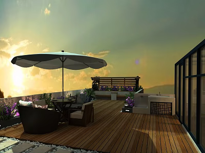 Cozy Roof Garden with Wooden Deck Outdoor Furniture Umbrella Green Plants and Sunset View 3d model