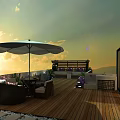 Cozy Roof Garden with Wooden Deck Outdoor Furniture Umbrella Green Plants and Sunset View