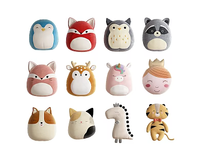 Adorable Plush Stuffed Animal Toys Including Penguin Fox Owl Raccoon Deer Unicorn Cat Dinosaur Tiger 3d model