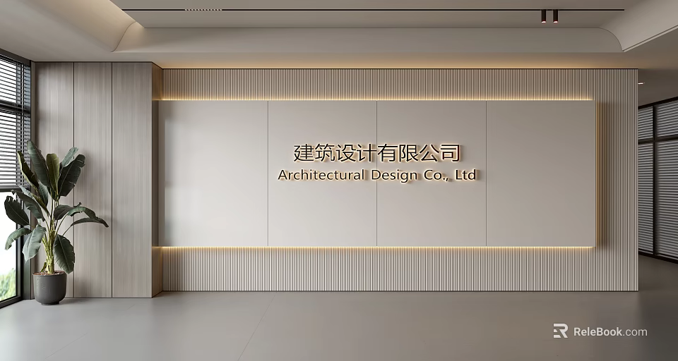 Modern Background Wall For Architectural Design Company With Minimalist Wooden Panel And Led Lighting 3d model 