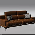 Brown Leather Two Seater Sofa With Gray Patterned Cushions And Black Legs 3d model