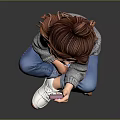 Woman With Bun Taking Selfie On Pink Phone In Gray Sweater Blue Jeans White Sneakers