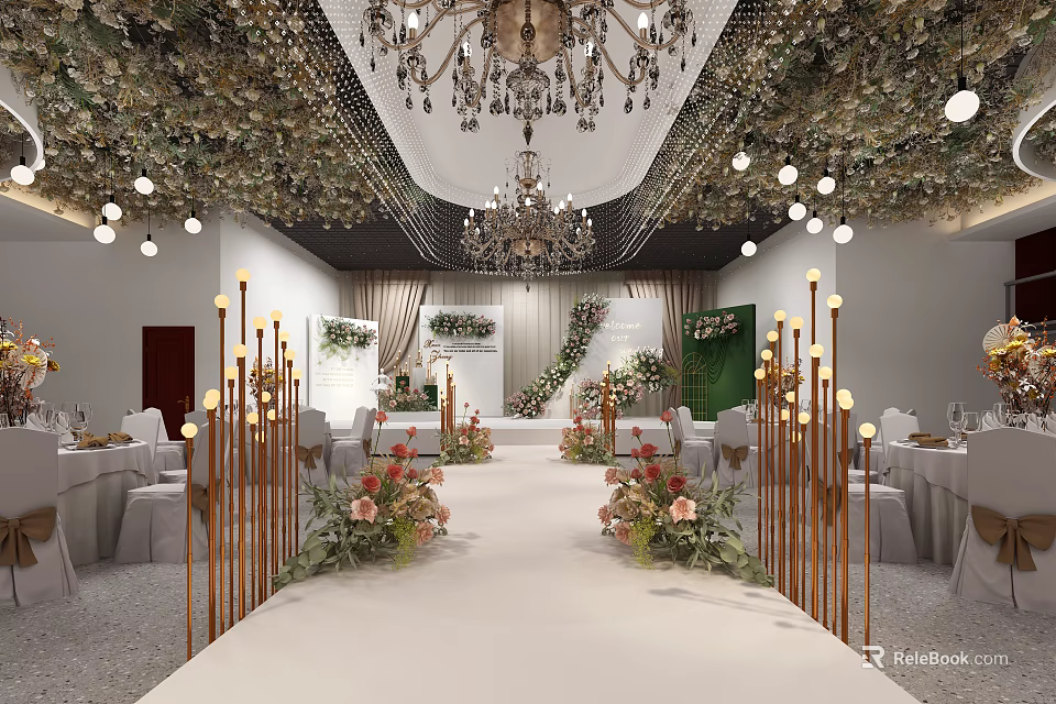 Elegant Banquet Hall With Chandelier Greenery Ceiling Floral Decorations White Aisle And Golden Pillars 3d model 