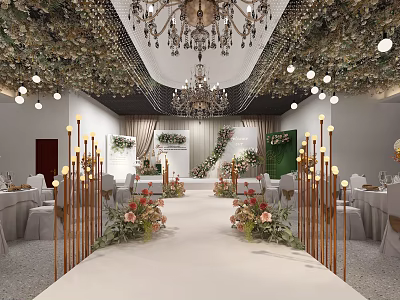 Elegant Banquet Hall With Chandelier Greenery Ceiling Floral Decorations White Aisle And Golden Pillars 3d model