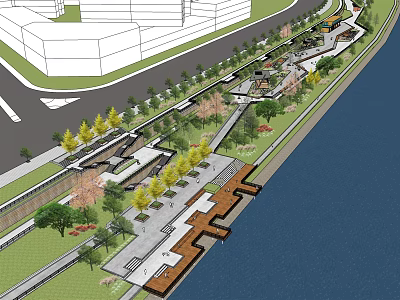 Waterfront Landscape Design With Walkway Green Trees Seats And Viewing Platforms 3d model